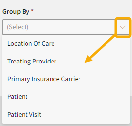 Group By menu selections with a yellow highlight box around the drop down menu arrow and a yellow arrow pointing down towards the selection list.